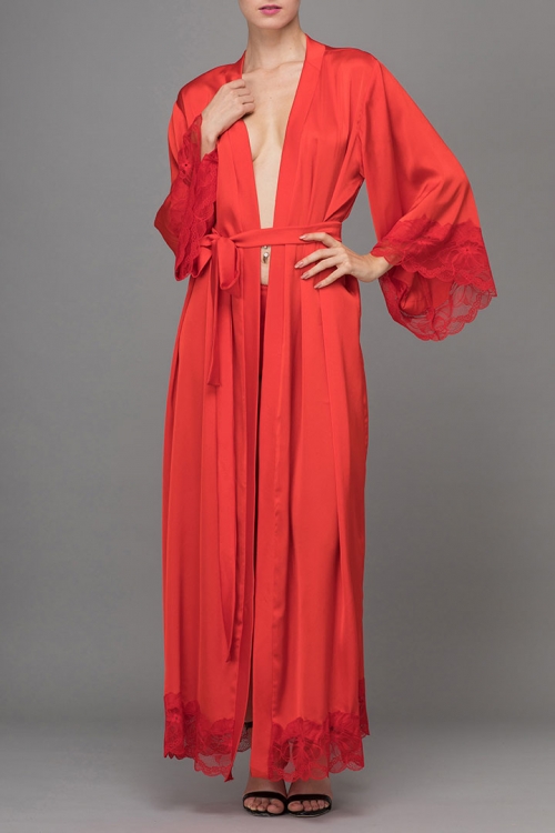 LONG RED SATIN LACED KIMONO