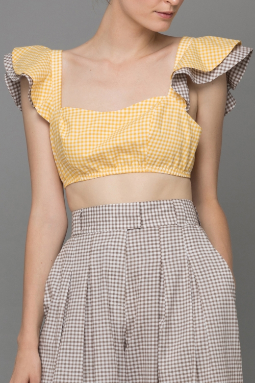 YELLOW BROWN GINGHAM ANGEL CROP - TOP