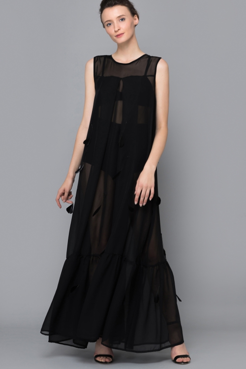 ĐẦM MAXI VOAN ĐEN CỔ TRÒN BRILLIANT NOIR FEATHER DRESS