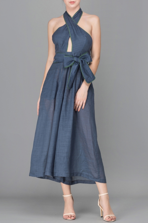 QUẦN LIỀN THÂN LINEN XANH THẮT CHÉO NGỰC - BLUE CROSSED TRAPPED JUMPSUITS