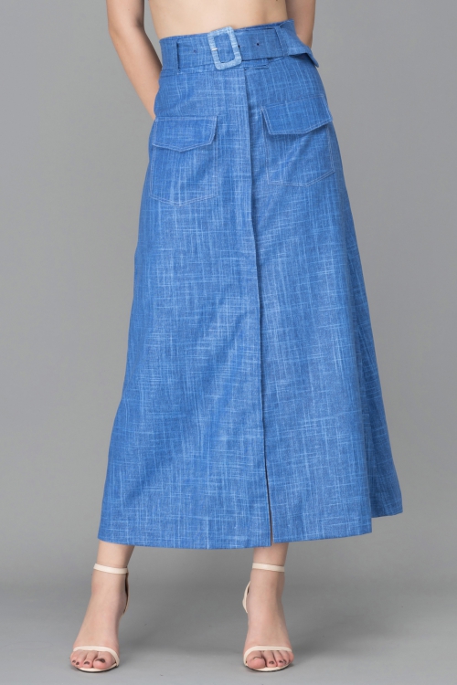 SKY BLUE LINEN MIDI A SKIRT