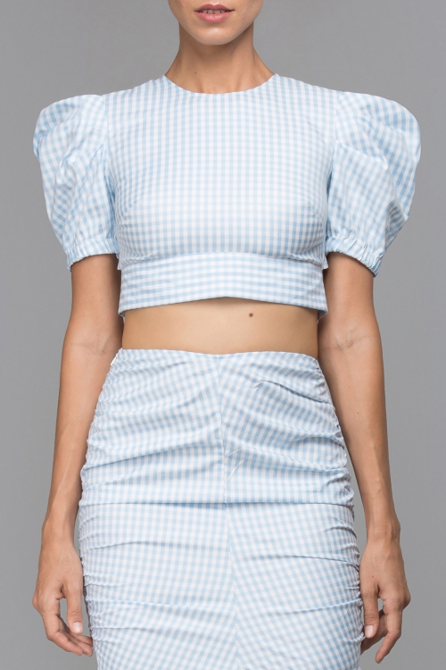 GINGHAM PUFF SLEEVE CROP TOP