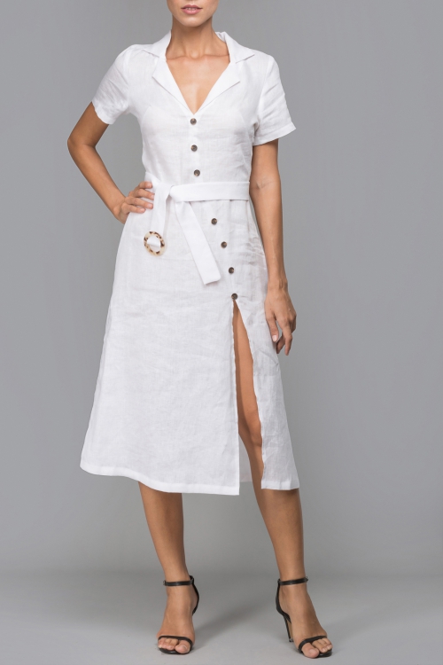 ĐẦM LINEN TRẮNG THẮT NÚT - WHITE BUTTON DOWN SLIT DRESS